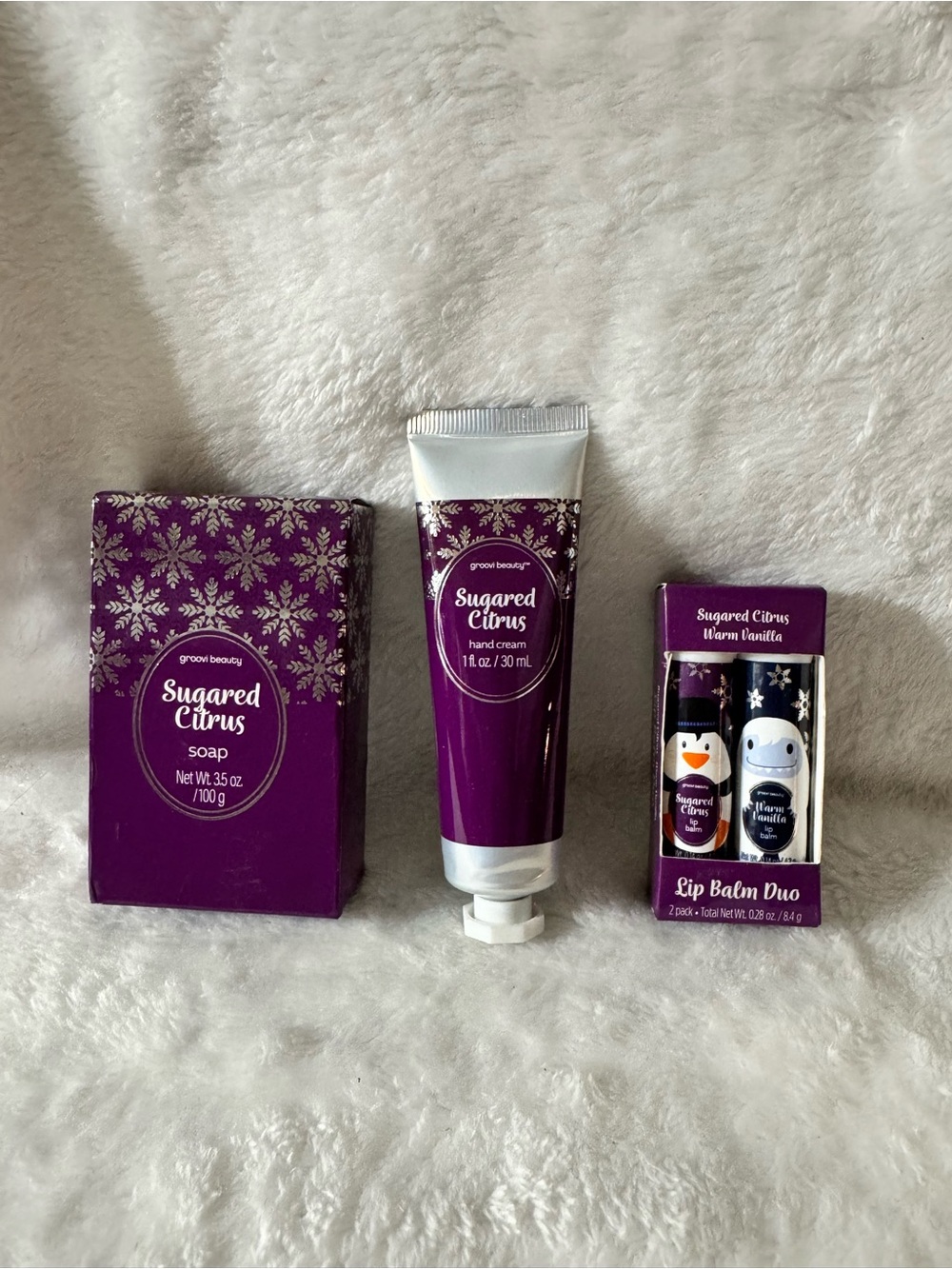 Groovi Beauty Sugared Citrus Hand Cream/Soap & Lip Balm Trio - Purple Packaging